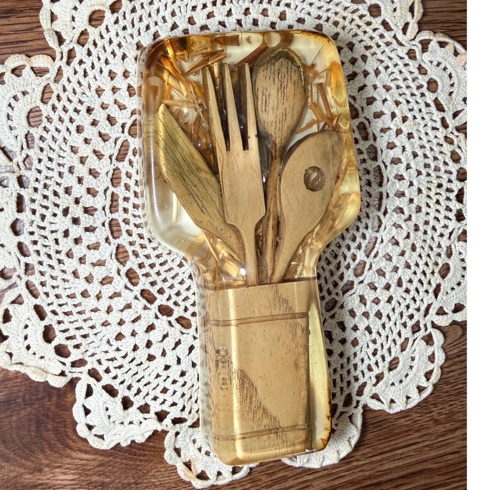 Vintage 70s Resin Spoon Rest Amber Lucite with Miniature Wooden Cutlery MCM